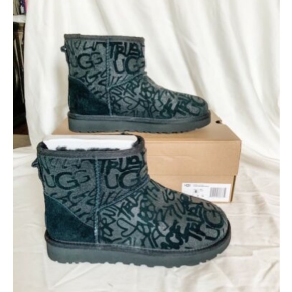 NIB UGG Classic Mini Sparkle Graffiti Black Bootie - Picture 3 of 6